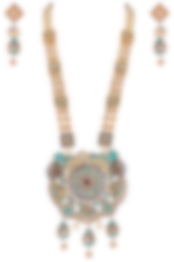 Gold plated turquoise pearl, kundan and zari necklace set by Parure