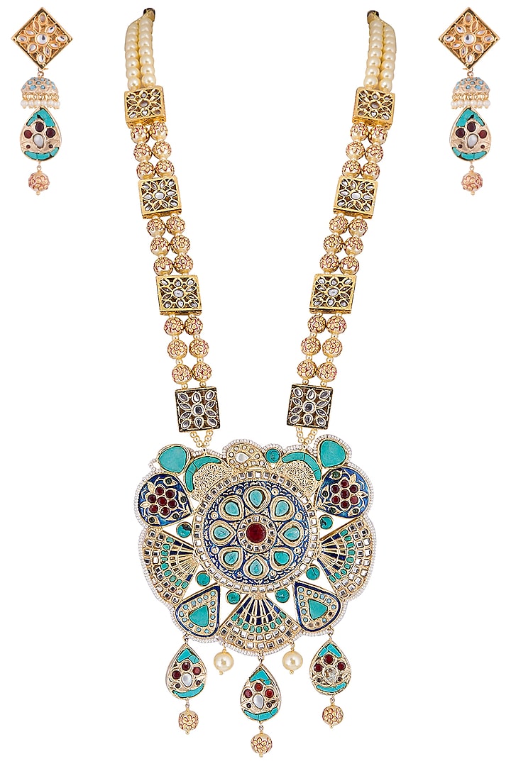 Gold plated turquoise pearl, kundan and zari necklace set by Parure