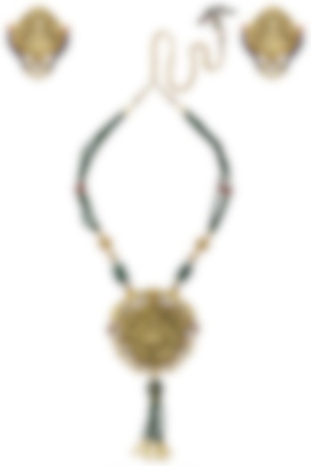Matte Finish Textured Temple Motif Necklace Set by Parure
