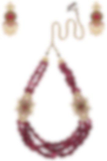 Matte Finish Floral Motif and Wine Semi Precious Stones Necklace Set by Parure
