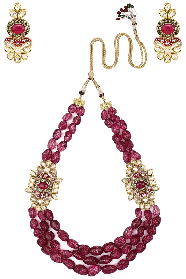 Matte finish floral motif and wine semi precious stones necklace set available only at Pernia's Pop Up Shop.