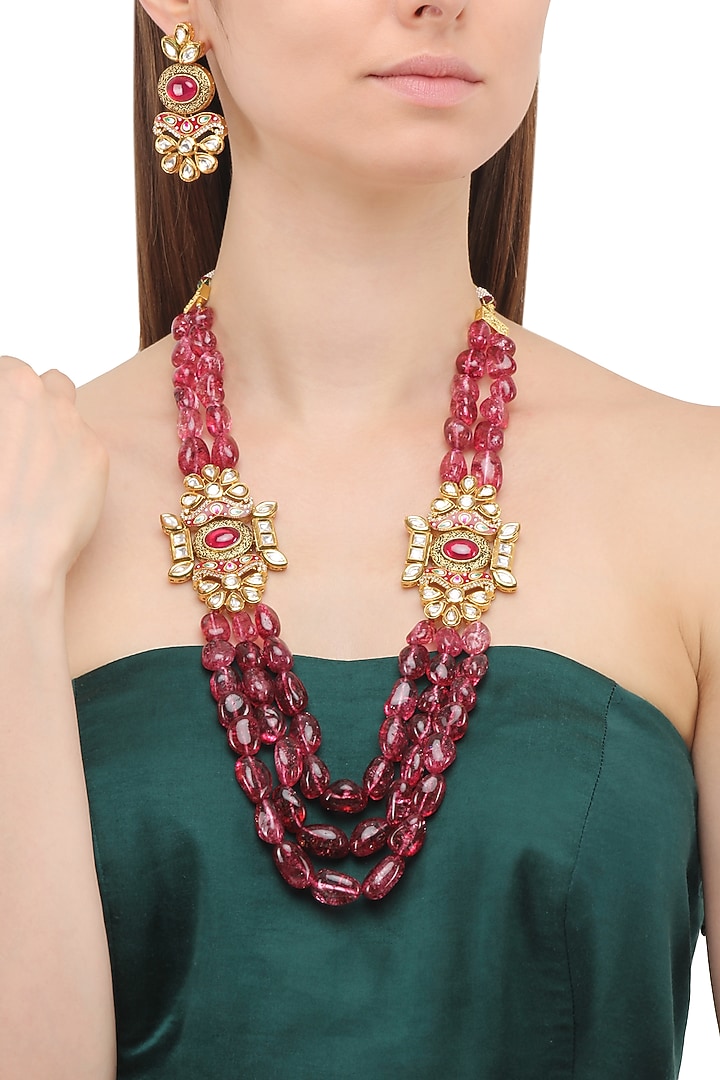 Matte finish floral motif and wine semi precious stones necklace set available only at Pernia's Pop Up Shop.