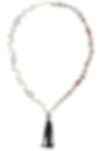 Matte Finish Pearls, Zircons and Tassel Necklace by Parure