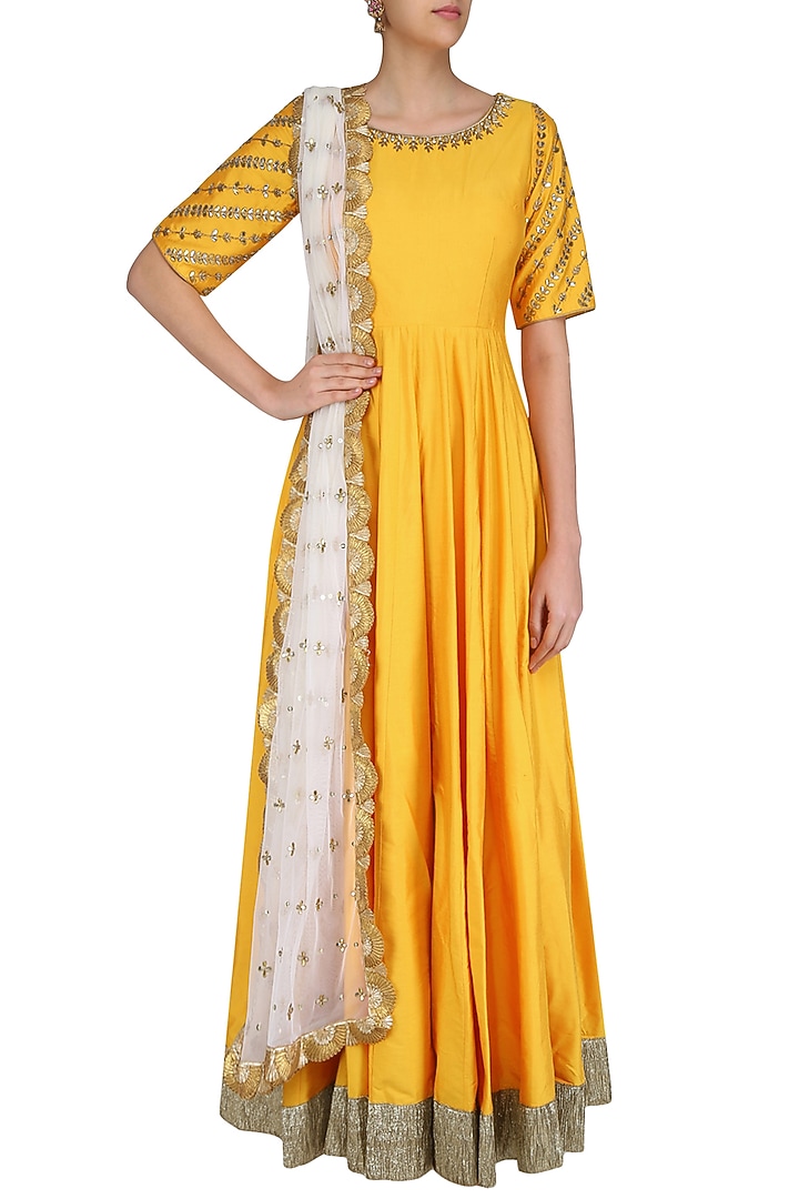 Yellow and gold floral gota patti embroidered anarkali set available only at Pernia's Pop Up Shop.
