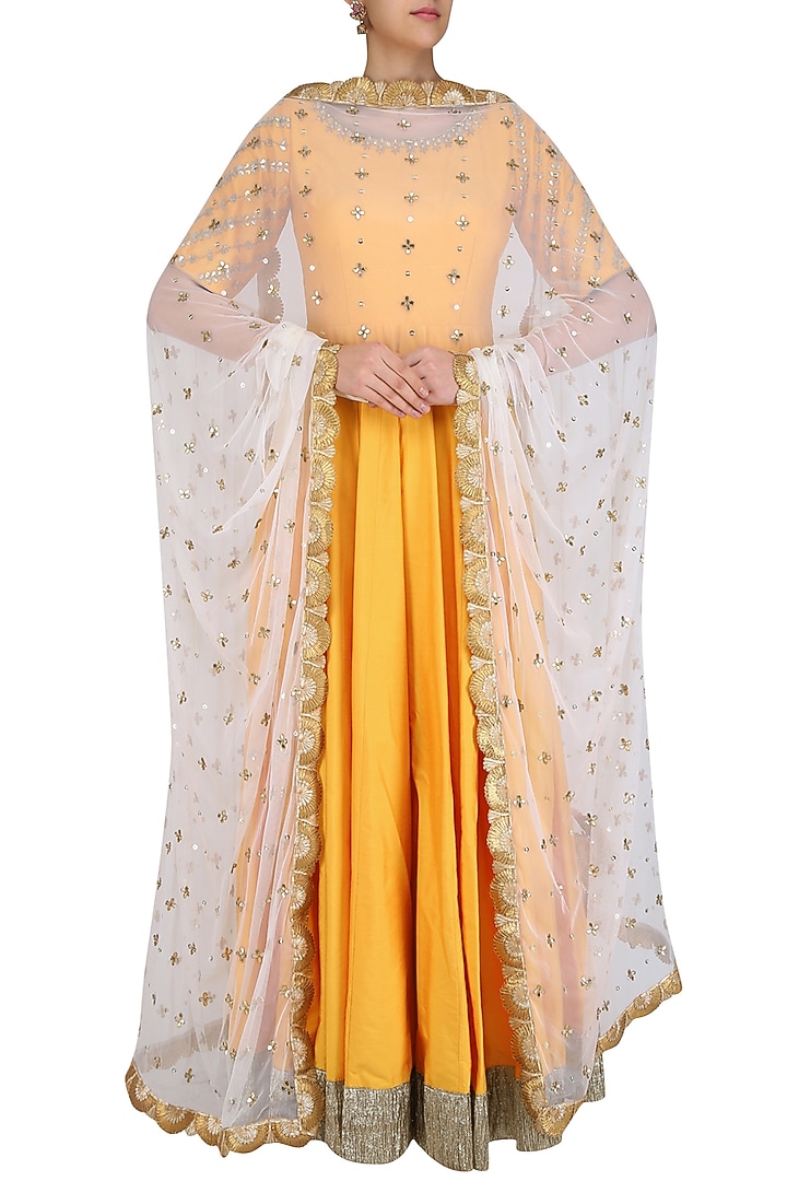Yellow and gold floral gota patti embroidered anarkali set available only at Pernia's Pop Up Shop.