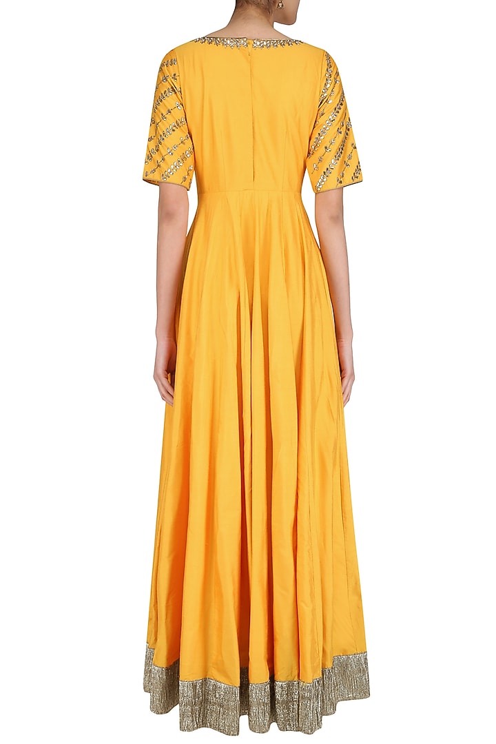 Yellow and gold floral gota patti embroidered anarkali set available only at Pernia's Pop Up Shop.