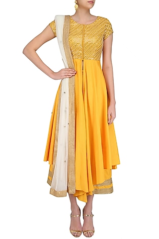 Yellow and Gold Floral Gota Patti Embroidered Front Slit Anarkali Set by Priyanka Jain
