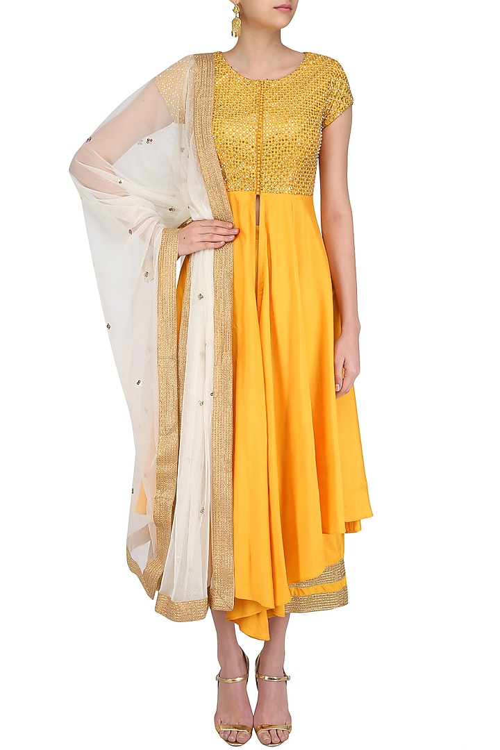 Yellow and gold floral gota patti embroidered front slit anarkali set available only at Pernia's Pop Up Shop.