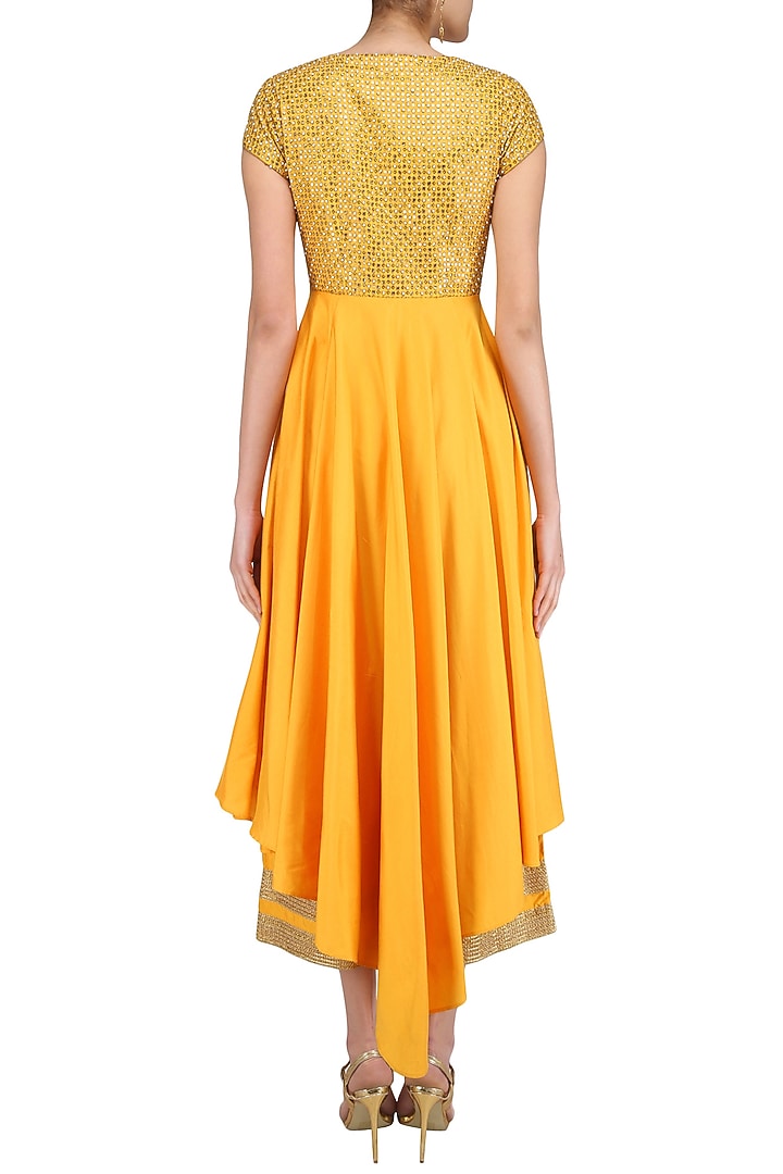 Yellow and gold floral gota patti embroidered front slit anarkali set available only at Pernia's Pop Up Shop.