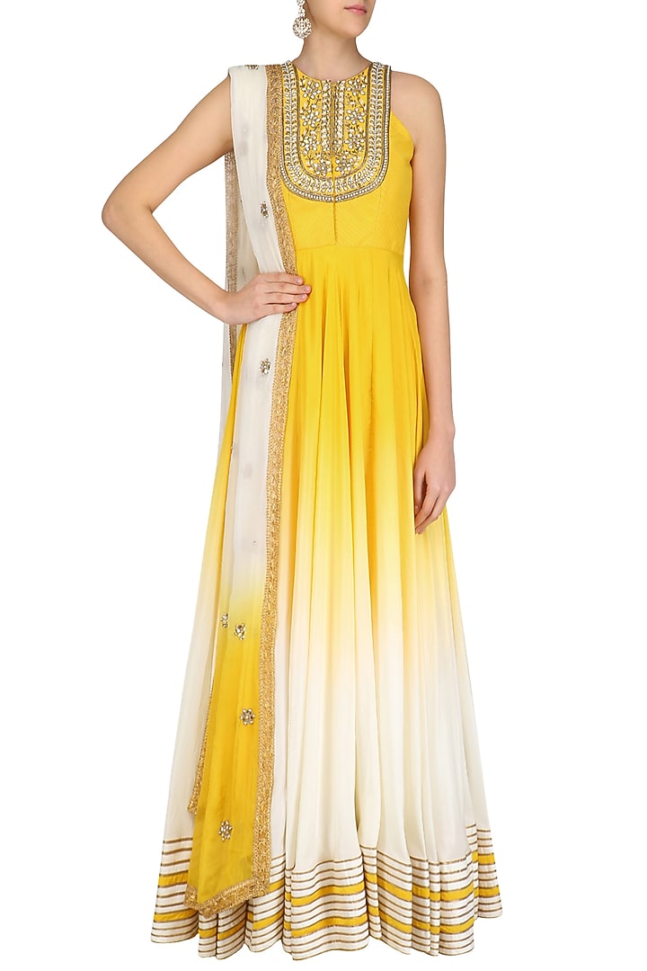 Yellow ombre dyed floral gota patti embroidered anarkali set available only at Pernia's Pop Up Shop.