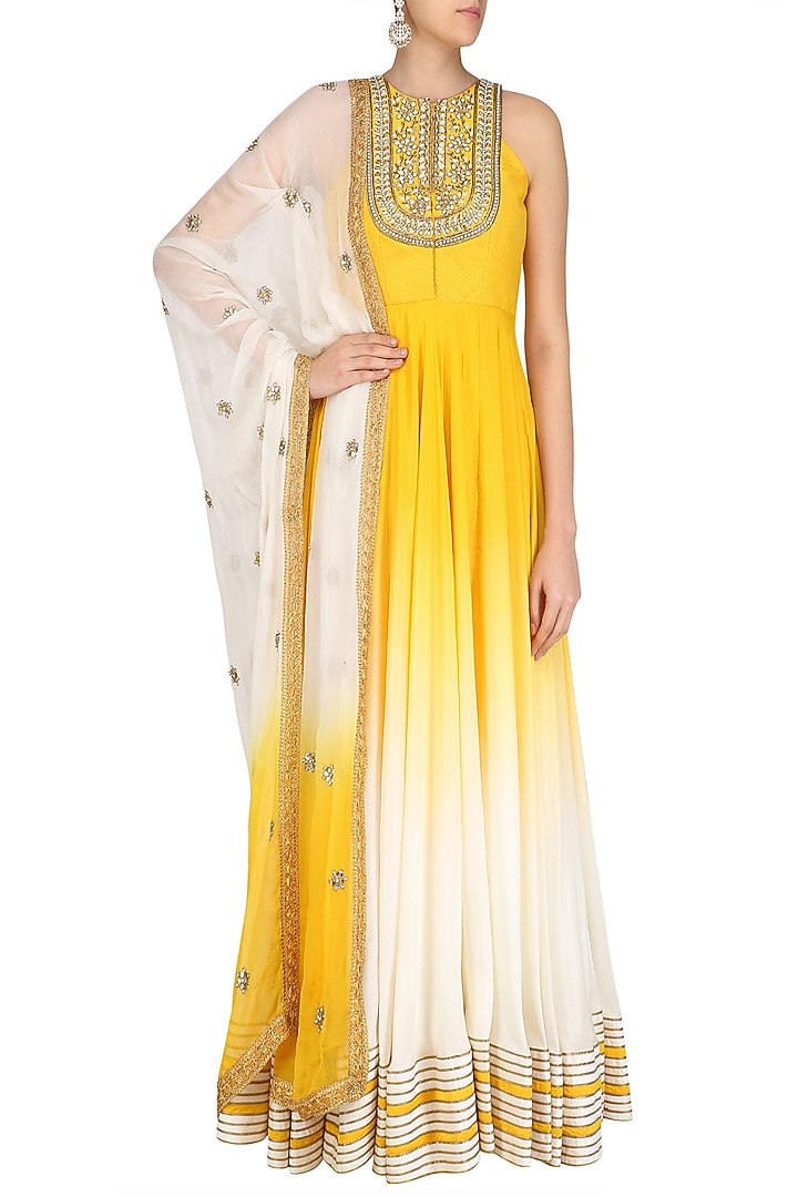 Yellow ombre dyed floral gota patti embroidered anarkali set available only at Pernia's Pop Up Shop.