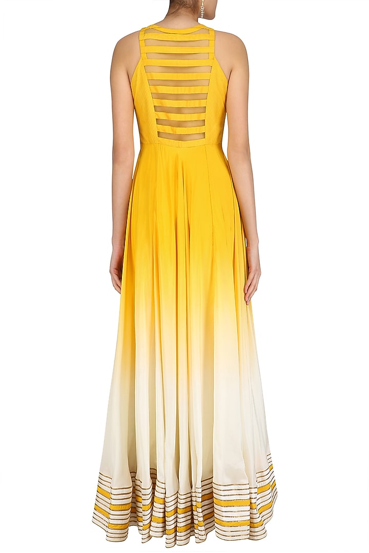 Yellow ombre dyed floral gota patti embroidered anarkali set available only at Pernia's Pop Up Shop.