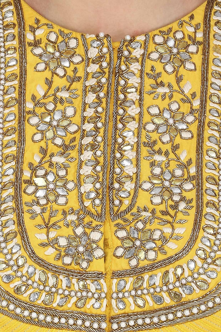Yellow ombre dyed floral gota patti embroidered anarkali set available only at Pernia's Pop Up Shop.