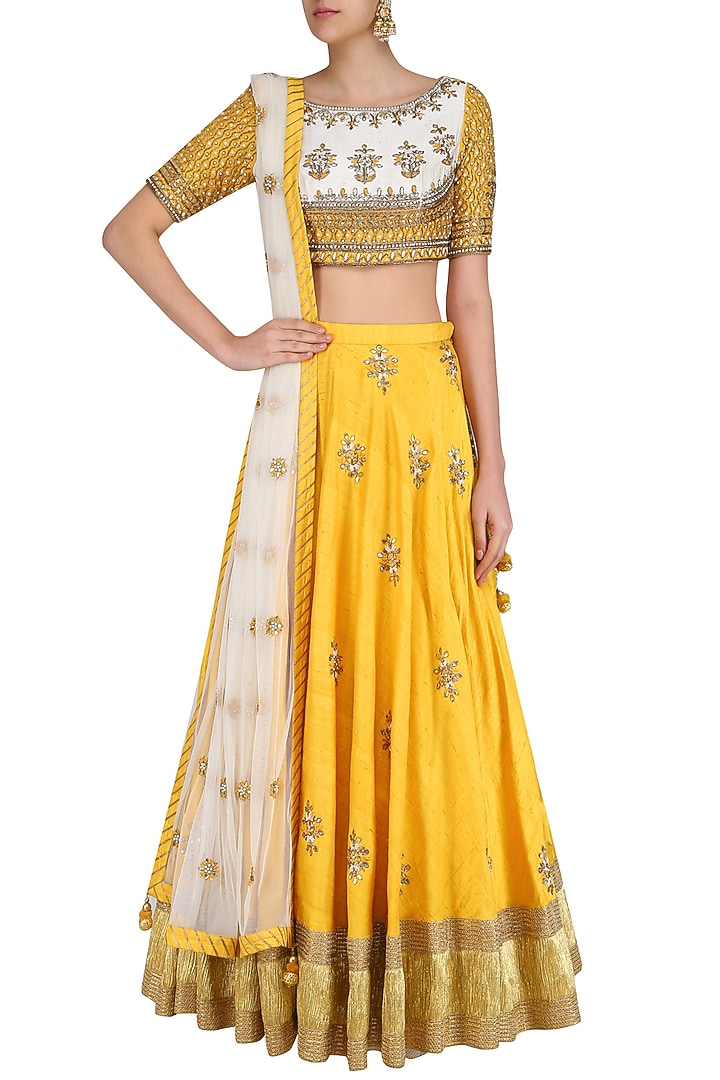 Off white gota patti embroidered blouse and yellow lehenga set available only at Pernia's Pop Up Shop.