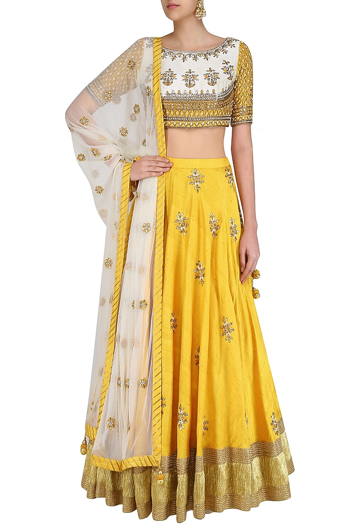 Off white gota patti embroidered blouse and yellow lehenga set available only at Pernia's Pop Up Shop.