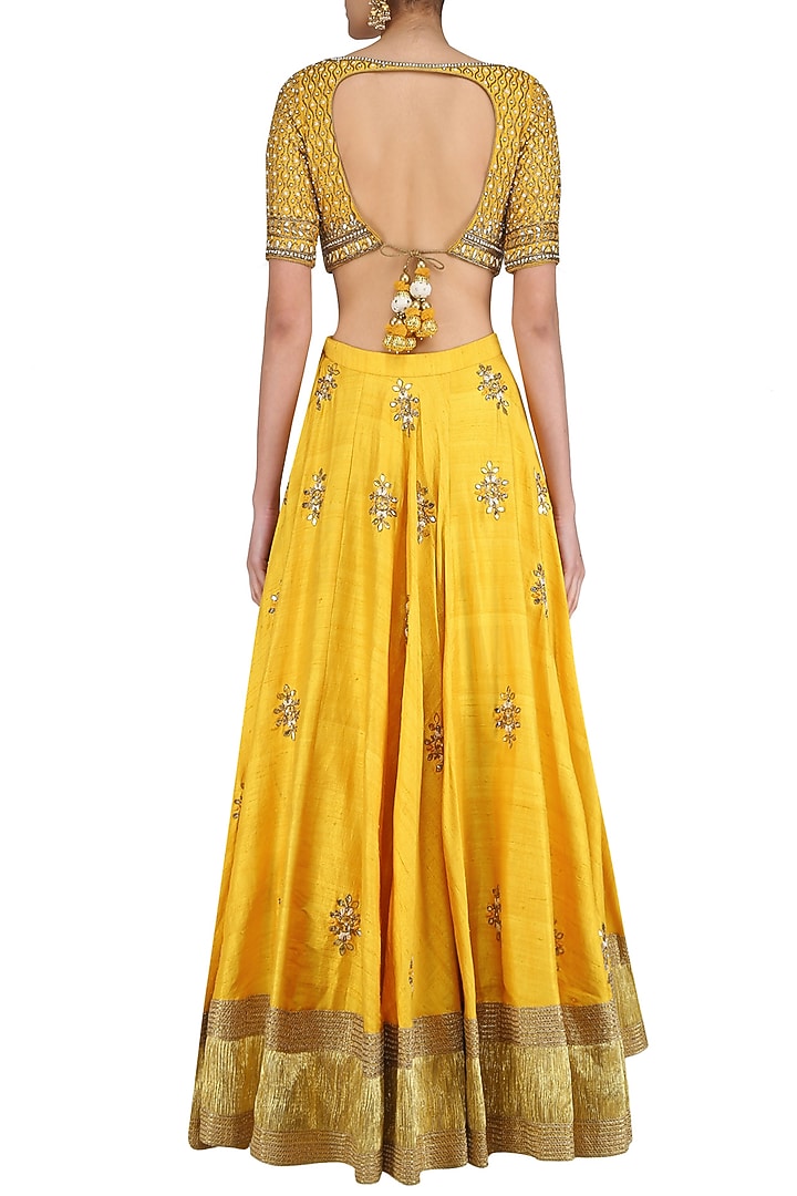 Off white gota patti embroidered blouse and yellow lehenga set available only at Pernia's Pop Up Shop.