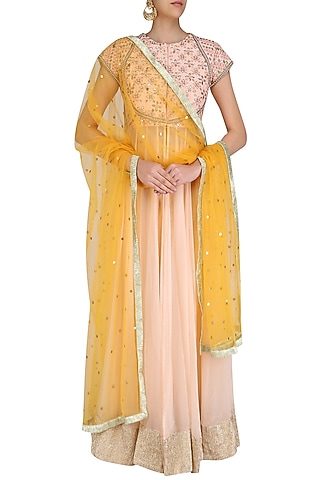 Light Peach Gota Patti Embroidered Front Open Anarkali Set by Priyanka Jain