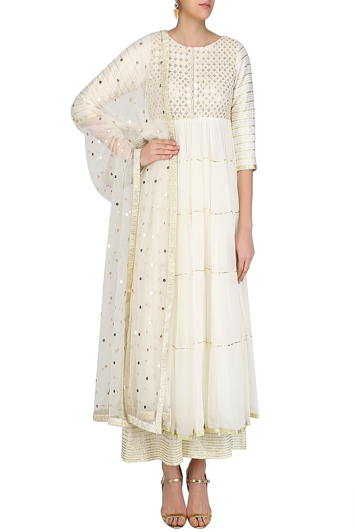 Ivory gota patti embroidered anarkali suit set available only at Pernia's Pop Up Shop.