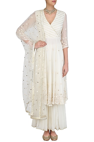 Ivory Embroidered Agrakha Style Kurta and Sharara Pants Set by Priyanka Jain