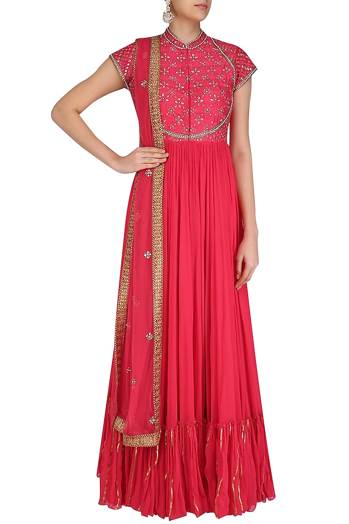 Red gota patti embroidered anarkali suit set available only at Pernia's Pop Up Shop.