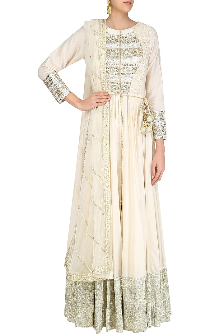 Ivory gota patti embroidered anarkali suit set available only at Pernia's Pop Up Shop.