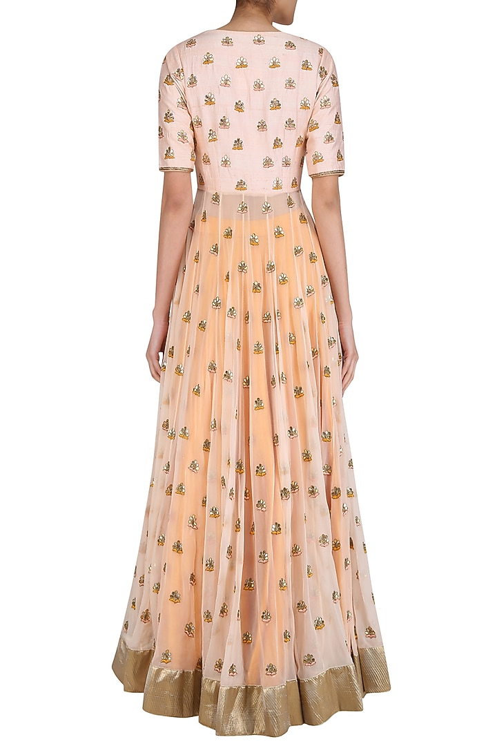 Peach gota patti embroidered jacket and mustard skirt set available only at Pernia's Pop Up Shop.