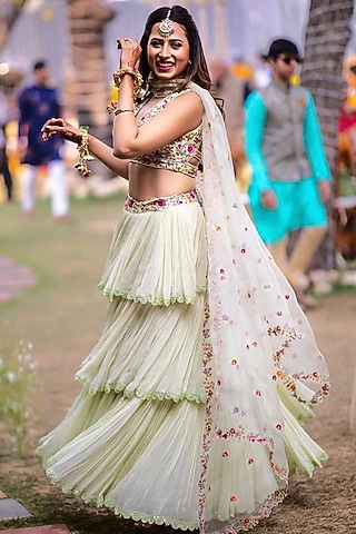 Mint Embroidered 3 Tiered Lehenga Set by Priyanka Jain