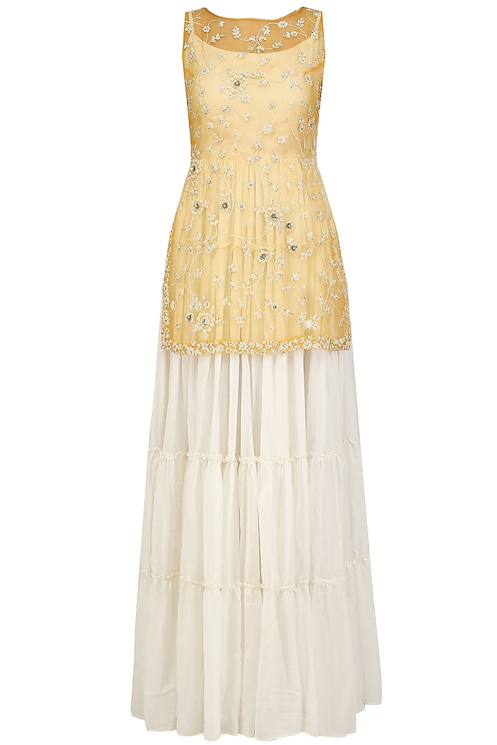 Off White Maxi Dress and Gold Floral Work Jacket Set by Priyanka Jain
