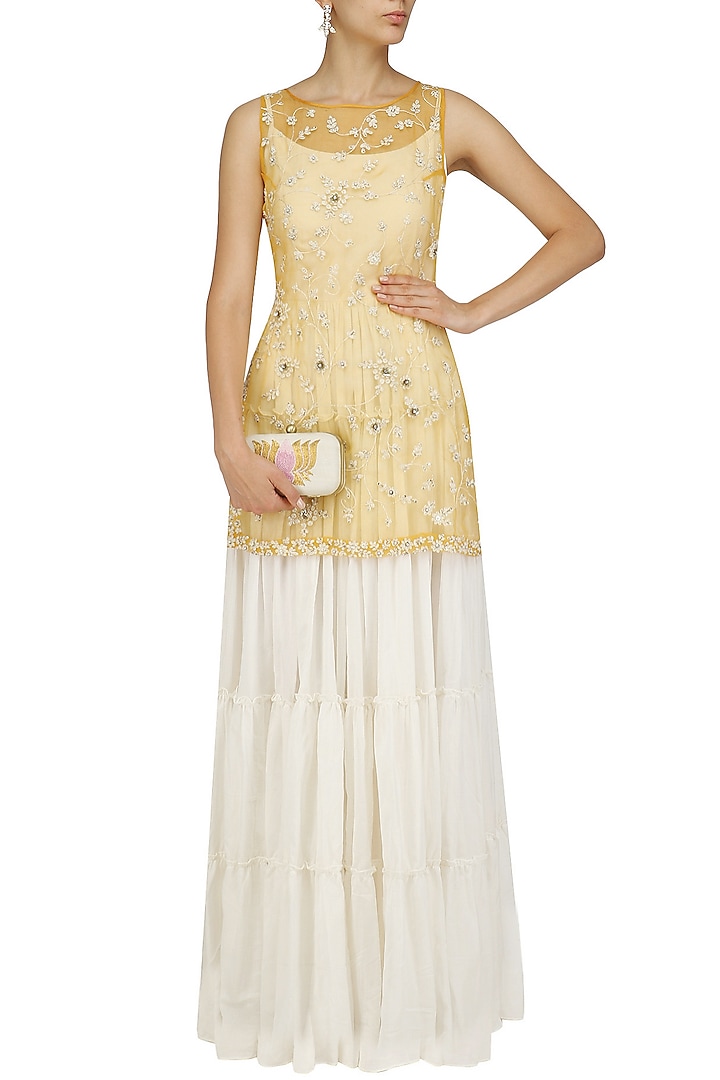 Off white maxi dress and gold floral work jacket set available only at Pernia's Pop Up Shop.