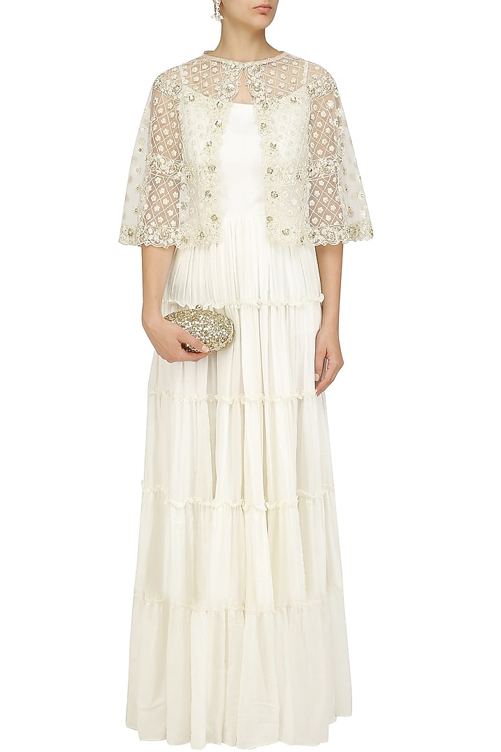 Off white maxi dress and embroidered short cape set available only at Pernia's Pop Up Shop.