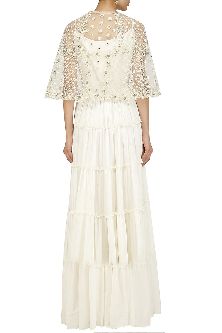 Off white maxi dress and embroidered short cape set available only at Pernia's Pop Up Shop.