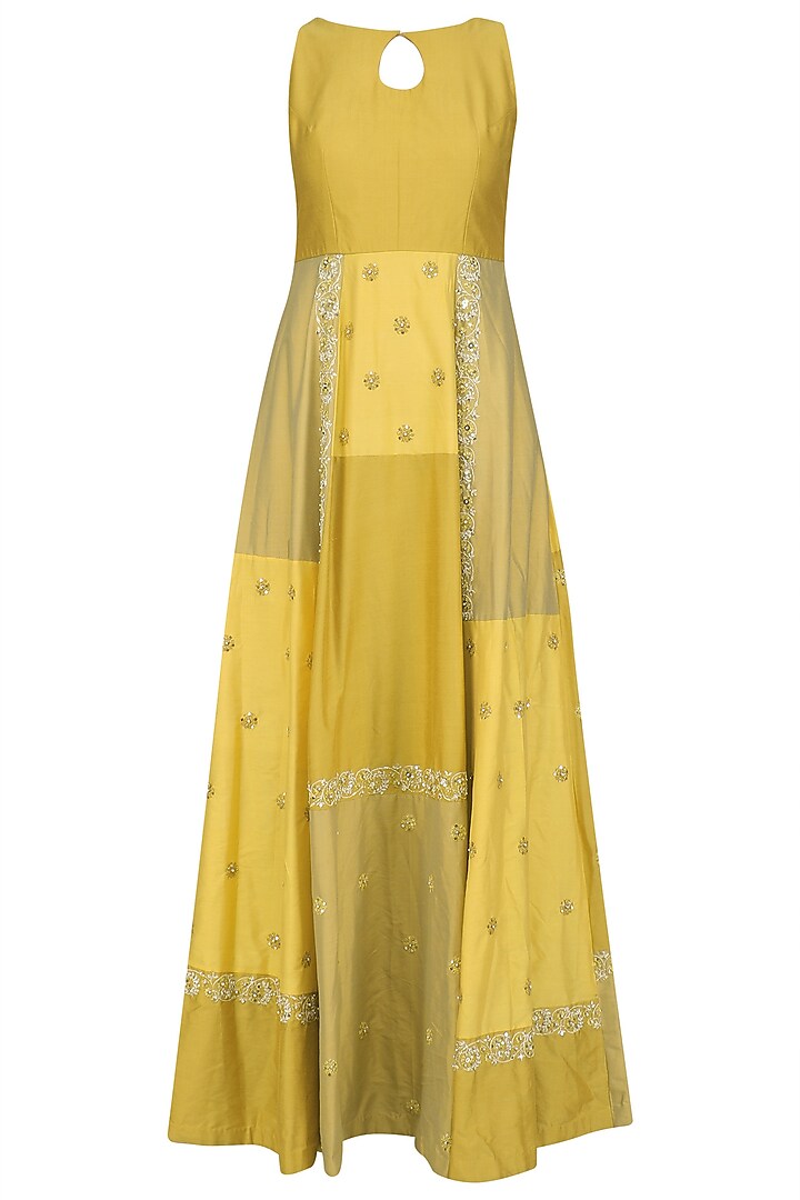 Yellow Floral Embroidered Color Block Maxi Dress by Priyanka Jain