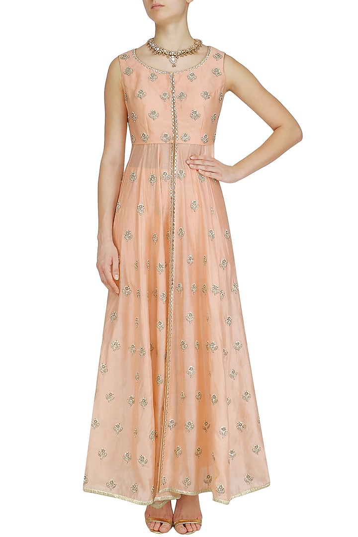 Pink floral motifs front open flared kurta available only at Pernia's Pop Up Shop.