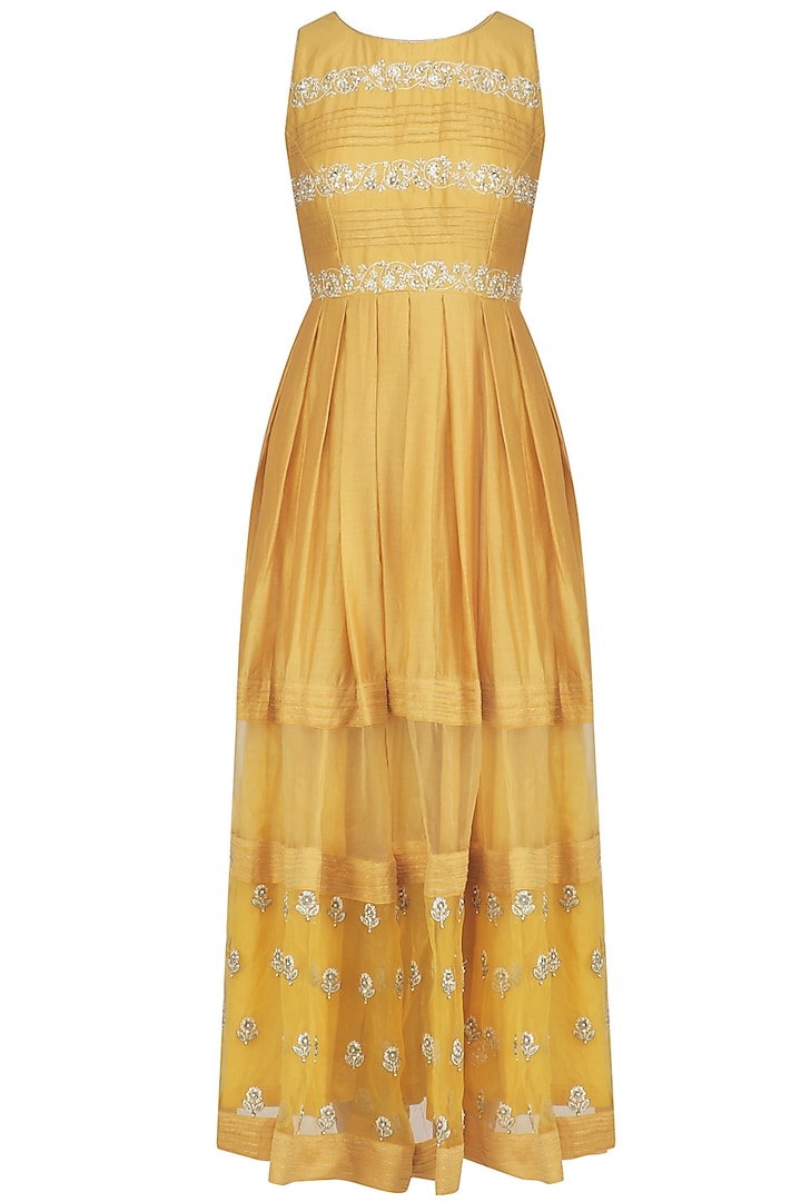 Yellow Floral Embroidered Maxi Dress by Priyanka Jain