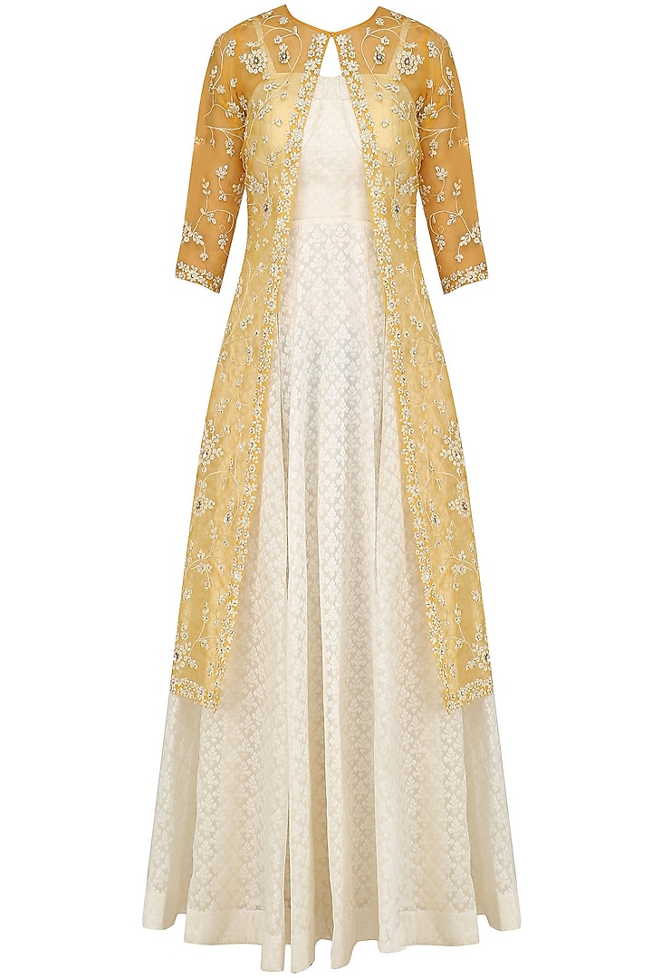 Ivory Maxi Dress with Mustard Embroidered Jacket by Priyanka Jain