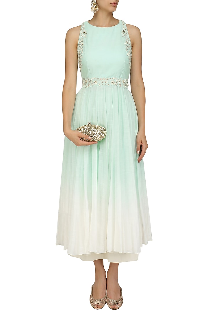 Mint and ivory embroidered kurta and palazzo set available only at Pernia's Pop Up Shop.