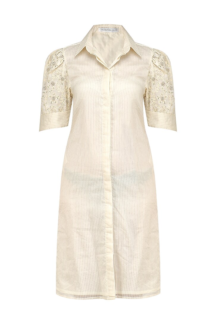 Ivory Floral Embroidered Shirt Dress by Priyanka Jain