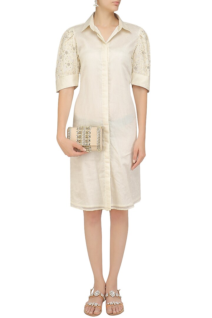 Ivory floral embroidered shirt dress available only at Pernia's Pop Up Shop.