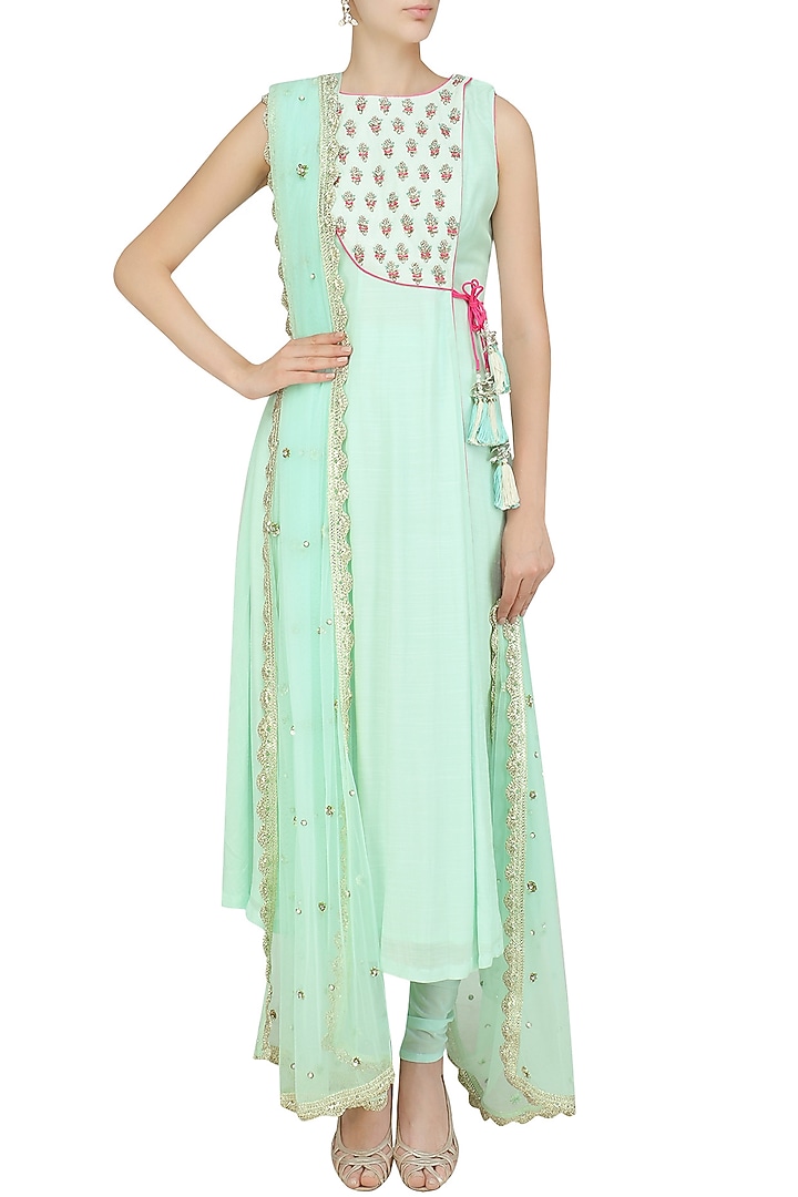 Aqua blue angrakha kurta set available only at Pernia's Pop Up Shop.