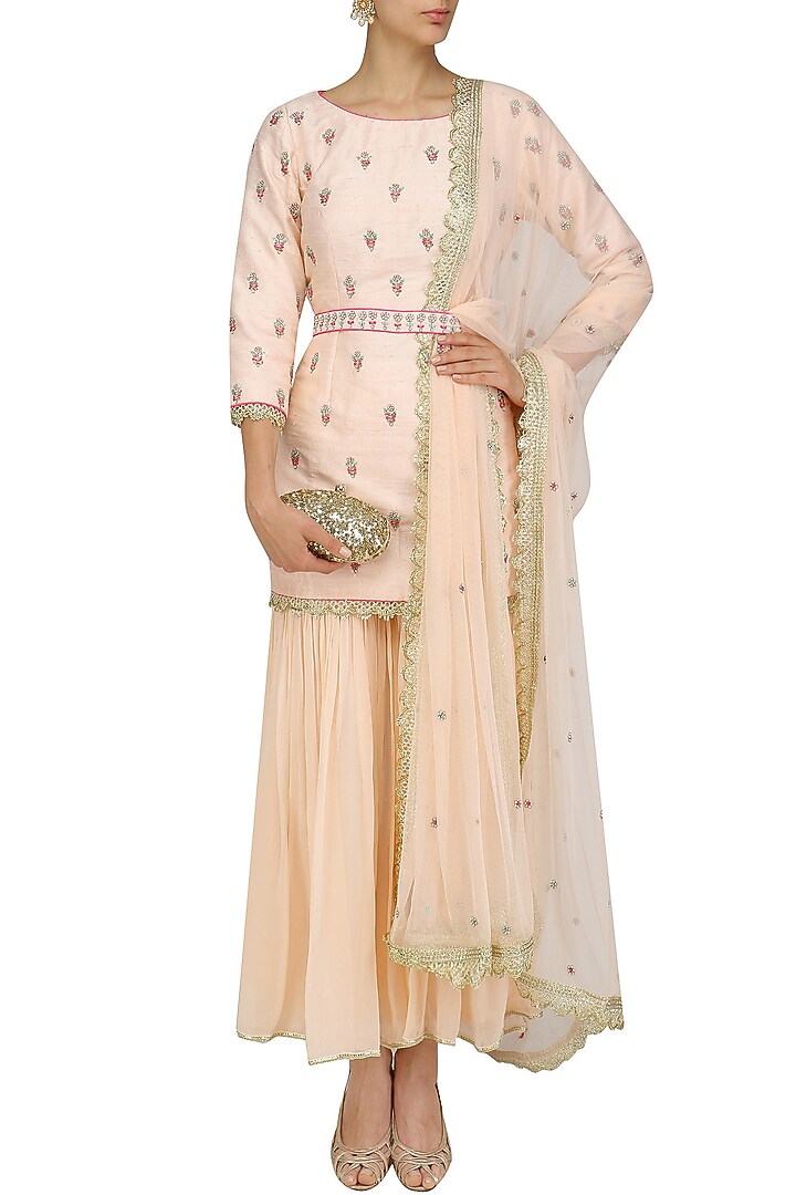 Pink pearl and thread embroidered sharara set available only at Pernia's Pop Up Shop.