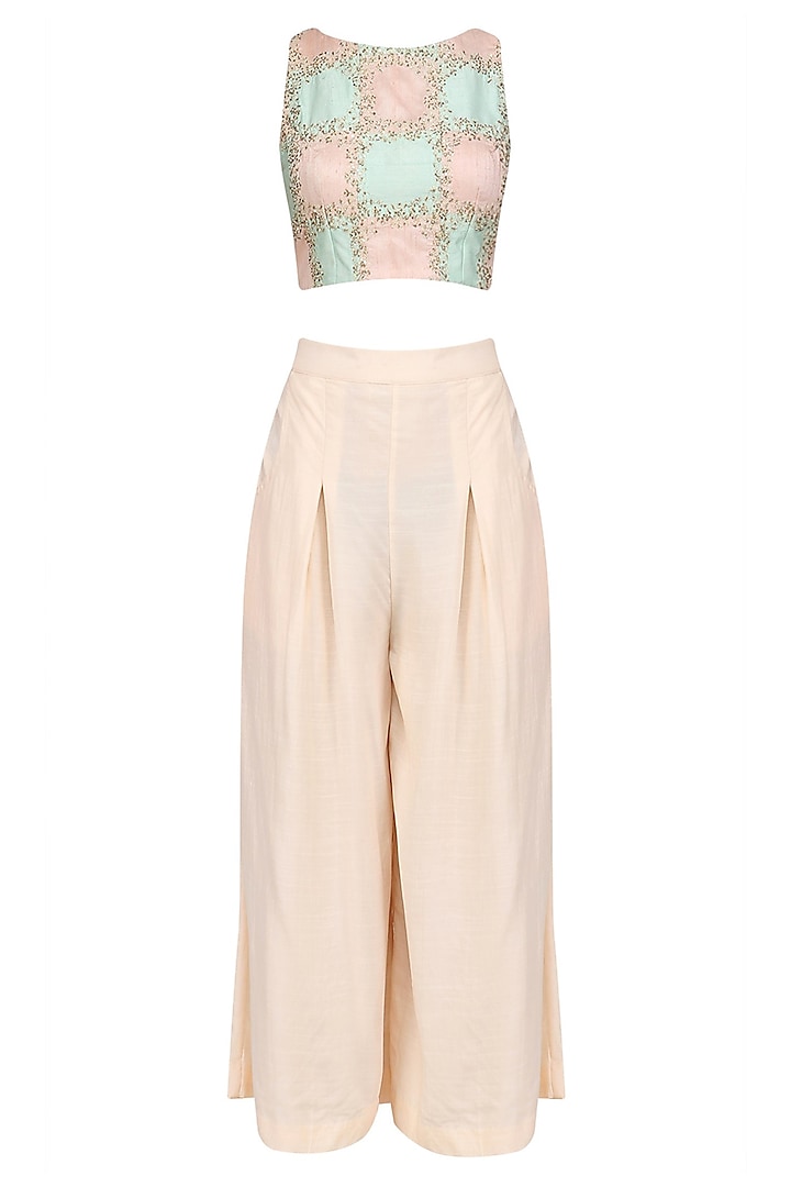 Pink and Blue Embroidered Crop Top with Pink Culottes by Priyanka Jain