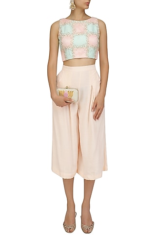 Pink and Blue Embroidered Crop Top with Pink Culottes by Priyanka Jain