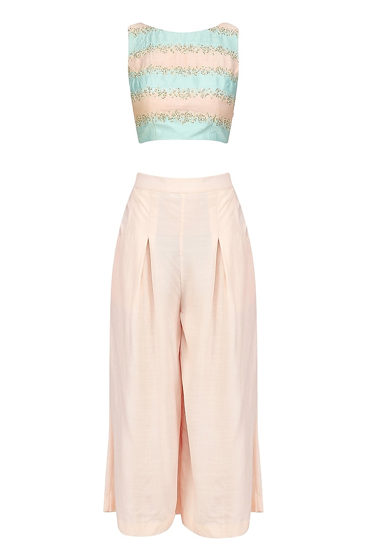 Pink and Blue Striped Crop Top with Pink Culottes by Priyanka Jain