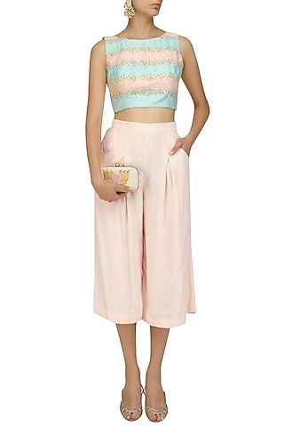Pink and Blue Striped Crop Top with Pink Culottes by Priyanka Jain
