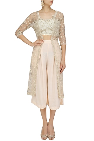 Dirty Light Pink Emboidered Jacket with Ivory Crop Top and Pink Culottes by Priyanka Jain