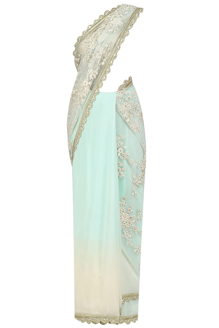 Aqua and Ivory Floral Embroidered Saree with Embellished Blouse by Priyanka Jain
