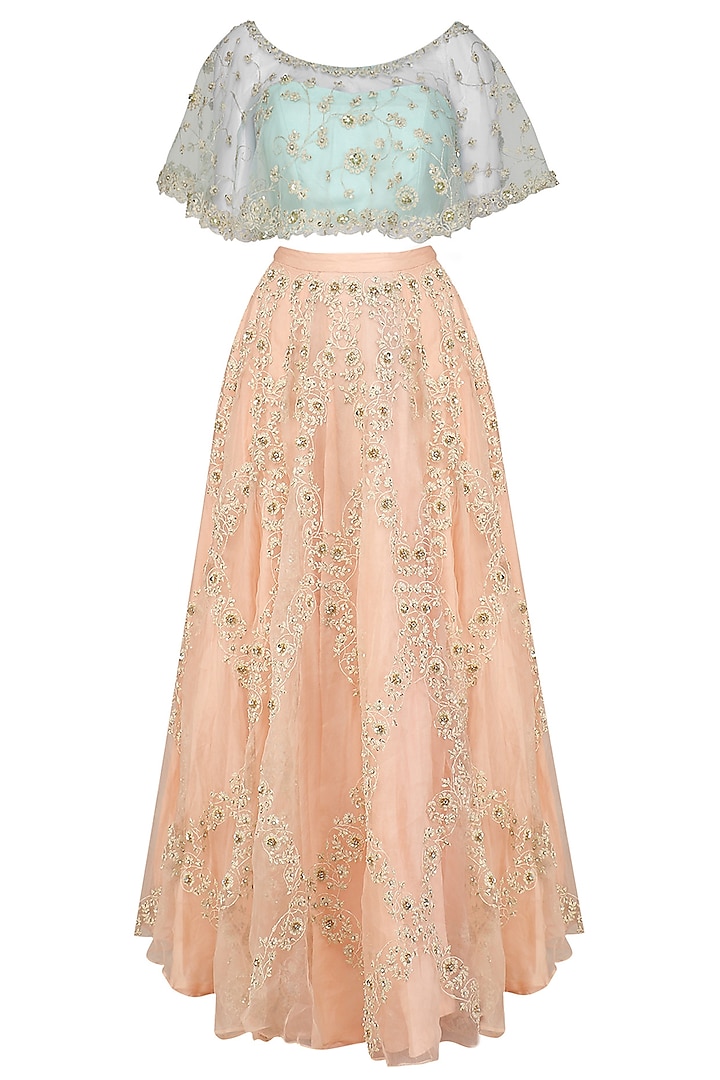 Mint Embroidered Off Shoulder Crop Top with Peach Embellished Lehenga by Priyanka Jain