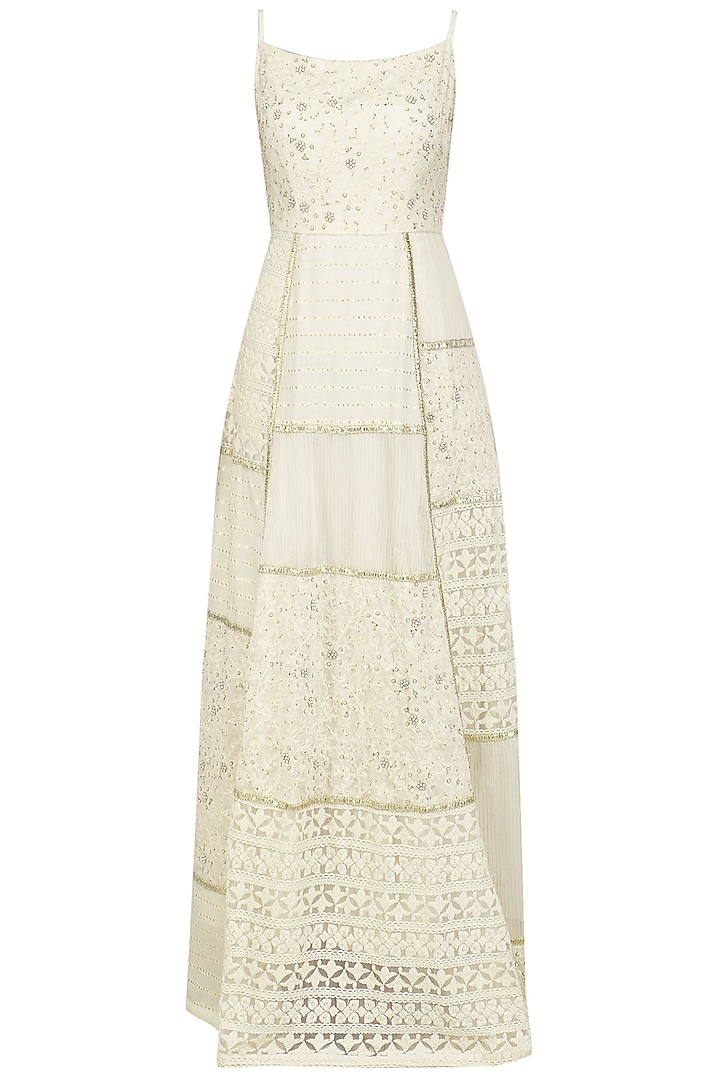 Ivory Embroidered Patches Maxi Dress by Priyanka Jain