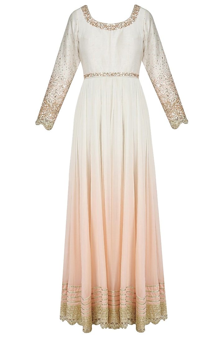 Peach and Ivory Ombre Embroidered Anarkali Set by Priyanka Jain
