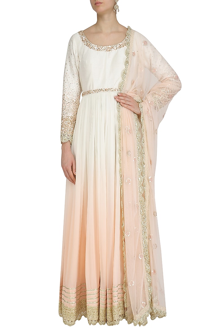 Peach and ivory ombre embroidered anarkali set available only at Pernia's Pop Up Shop.